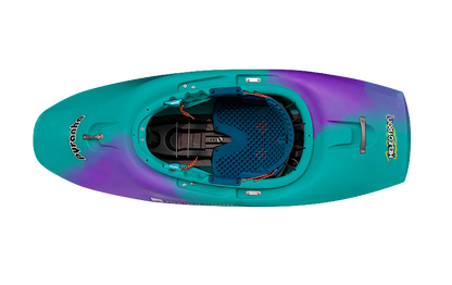 Top view of a Pyranha Helectron freestyle kayak in teal and purple, featuring a single cockpit, visible seat, foot braces, and Elite Outfitting System; shown on a white background.