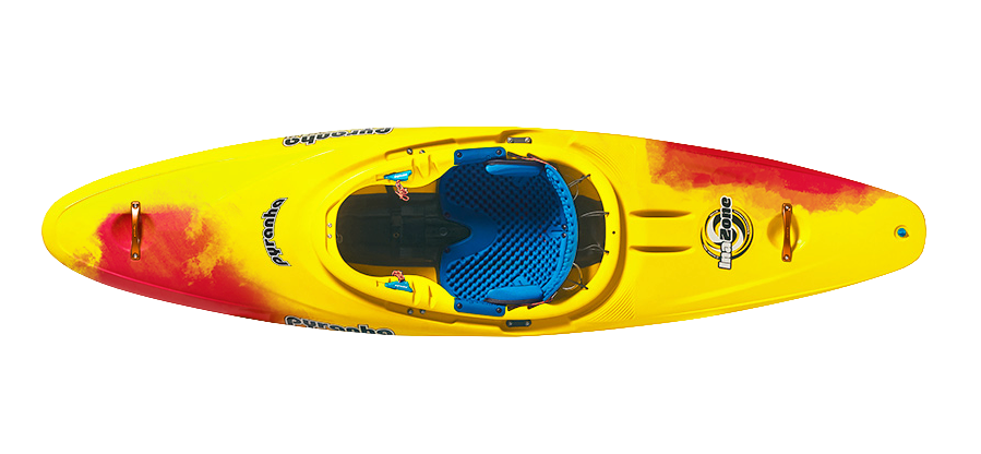 Top view of the Pyranha InaZone, a responsive playboat featuring yellow and red colors, blue seat padding, and black footrests, shown on a plain white background.
