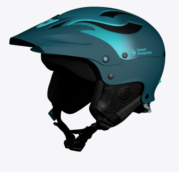 The Sweet Protection Rocker Helmet is a teal whitewater helmet with a visor, black chin strap, and inner padding, built for sports safety.
