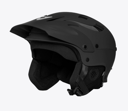 The Sweet Protection Rocker Helmet is a matte black ski or snowboarding helmet with TLC Shell Technology, ear protection, air vents, and an adjustable chin strap, displayed against a plain background.