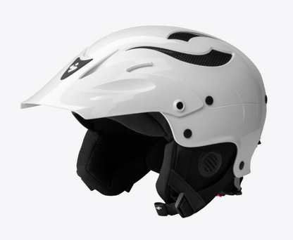 The Sweet Protection Rocker Helmet is a white, glossy helmet with a black padded interior and ventilation openings, designed for sports and outdoor activities.