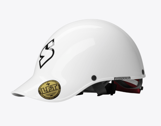 The Sweet Protection Strutter Helmet is a baseball-style whitewater helmet with a black "S" logo, gold LIFT certification sticker on the side, and secure chin strap—perfect for river adventures.