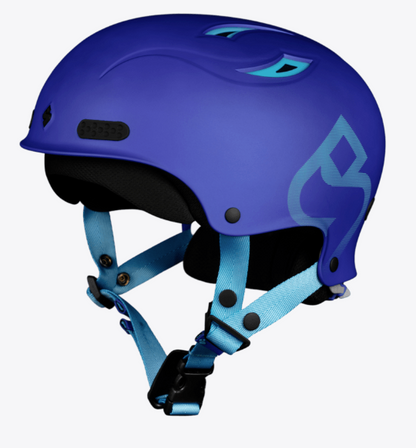 The Sweet Protection Wanderer II Helmet is a blue, impact-resistant helmet with light blue adjustable straps, black interior padding, a stylized side design, and a durable Carbon Fiber Reinforced Polymer Shell.