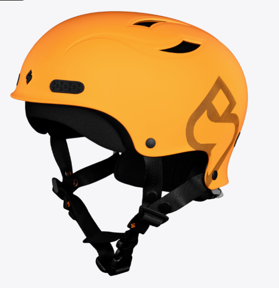 The Sweet Protection Wanderer II Helmet is orange with black ventilation holes, an abstract black side graphic, and a black adjustable chin strap. It offers impact resistance for reliable head protection.