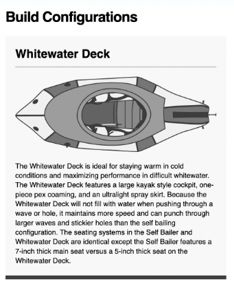 Diagram of the Alpacka Gnarwhal with Whitewater Deck, displaying its high-volume hull and design features—perfect for tackling cold, challenging whitewater on any packraft adventure.