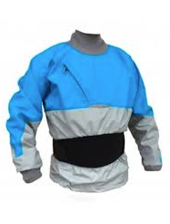 The Kokatat Stoke Dry Top (Hydrus 3.0) for men features blue and grey breathable waterproof fabric, high neck, wrist seals, and a black waistband—ideal for water sports.