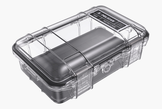 The Pelican M50 Dry Case is a transparent waterproof case with a black interior insert, secure latches, rounded edges, and reliable IP67 protection.