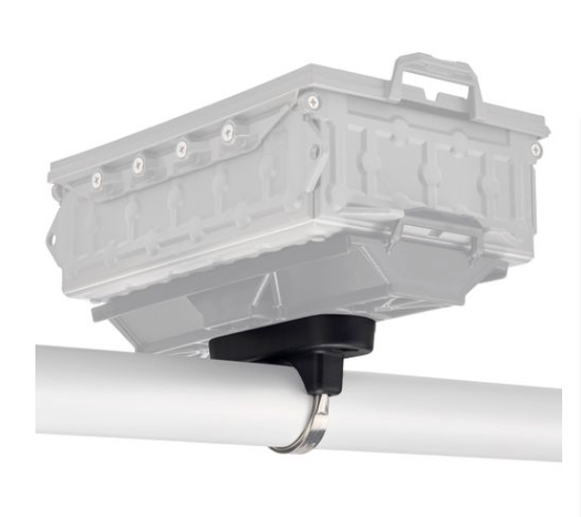 The NRS U-Bolt Saddle from NRS mounts a semi-transparent plastic utility box securely to a pipe with its bracket, delivering strong and versatile rigging options.