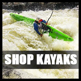 a man riding a green kayak on top of a river.