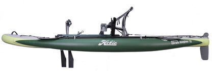 Side view of a green Hobie Mirage iTrek Angler 12 inflatable fishing kayak with MirageDrive 180 pedals, seat, rudder, and mounted accessories—a lightweight, portable kayak ideal for anglers.