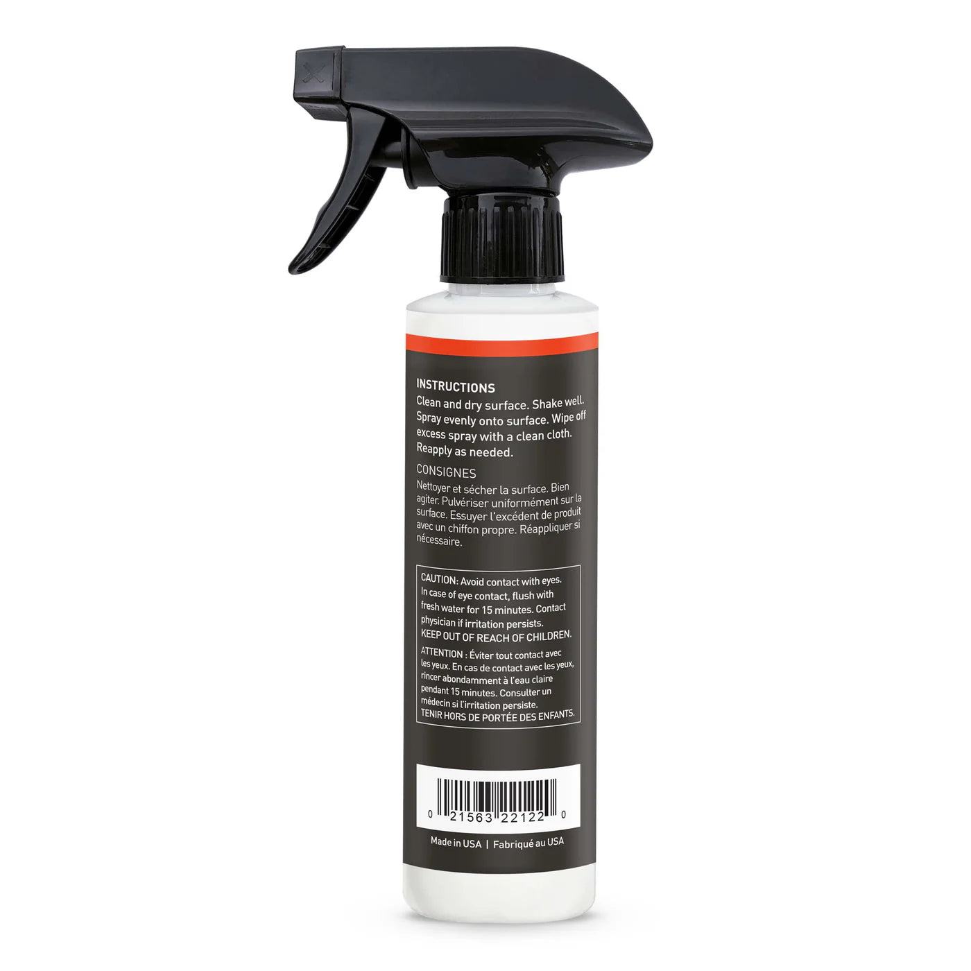 The image shows a white Gear Aid Silicone Protectant spray bottle with a black nozzle, standing upright. The back label displays product instructions, cautions, and a barcode—ideal for protecting watersports gear.