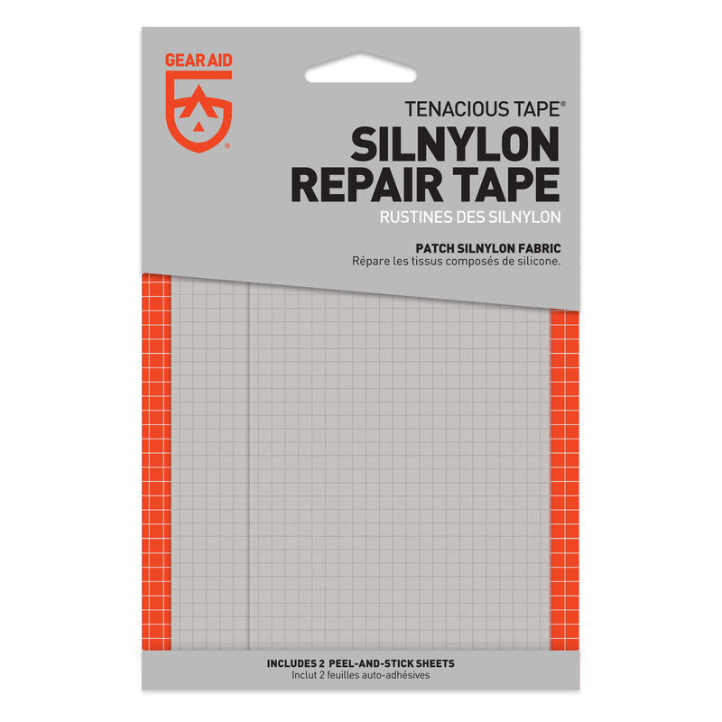 Gear Aid's Tenacious Tape Silnylon Repair Tape includes two peel-and-stick silnylon patches with a silicone-based adhesive, ideal for repairing ripstop nylon. The packaging features a gray and orange grid design.
