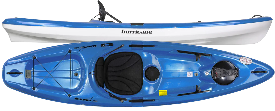 A Hurricane Skimmer 106 Sit-On-Top blue kayak with a white seat.