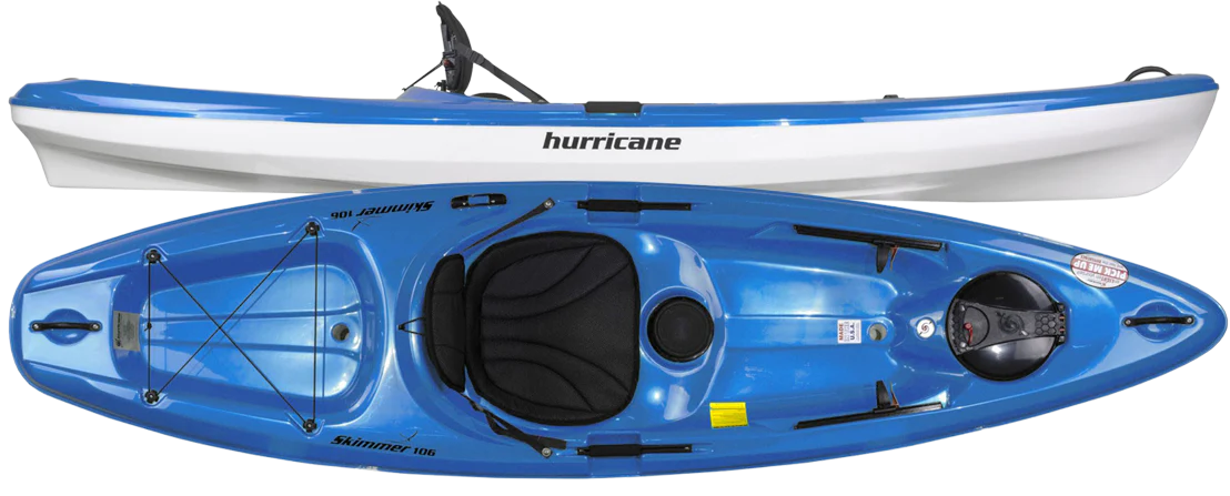 Top and side view of the ultralight "Skimmer 106" by Hurricane Kayaks. This high-performance, blue and white sit-on-top kayak features a comfortable seat, footrests, and bungee cords on the deck for convenience.