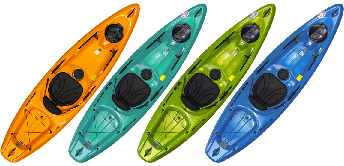 A group of Hurricane Skimmer 106 sit-on-top kayaks in different colors.