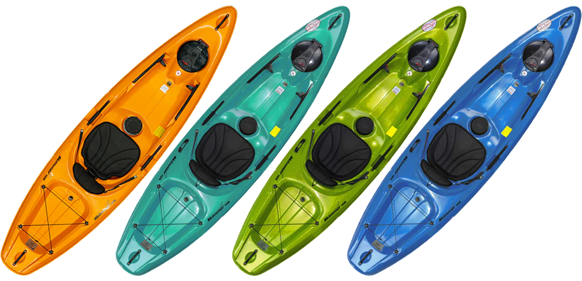 Four Skimmer 106 ultralight kayaks by Hurricane Kayaks in orange, teal, green, and blue are aligned side by side, viewed from above.