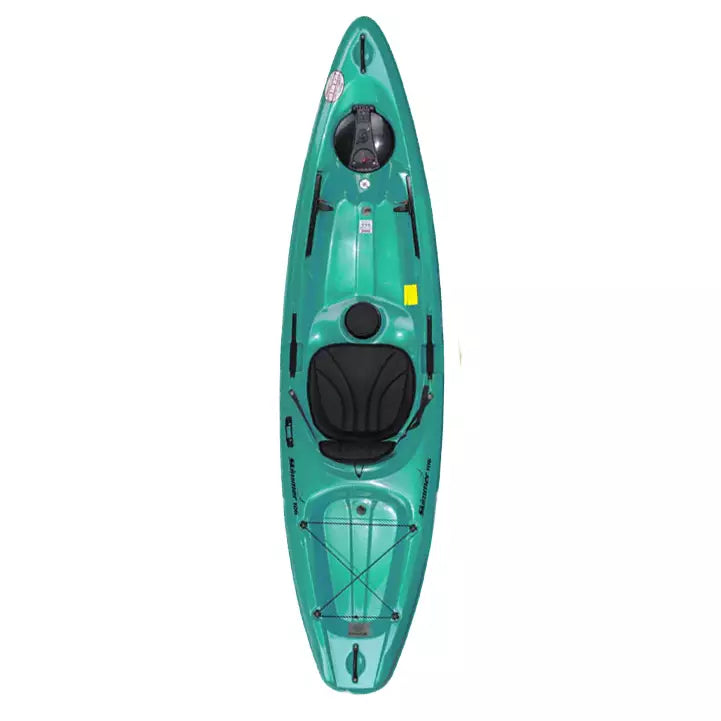 The Skimmer 106 by Hurricane Kayaks is a green sit-on-top kayak with a black seat and footrests, featuring bungee cord storage areas at the front and back, designed for high-performance adventures.