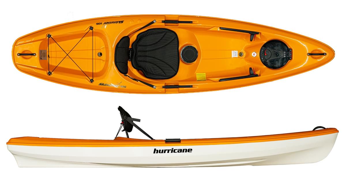 An orange and white Hurricane Skimmer 106 kayak with a seat and a paddle offers excellent tracking and stability.