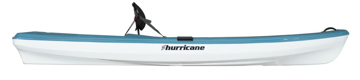 Side view of the Skimmer 106, a high-performance, ultralight kayak by Hurricane Kayaks, in blue and white with a black seat and "Hurricane Kayaks" logo on the side.