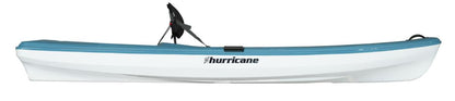 Side view of the Skimmer 106, a high-performance, ultralight kayak by Hurricane Kayaks, in blue and white with a black seat and "Hurricane Kayaks" logo on the side.