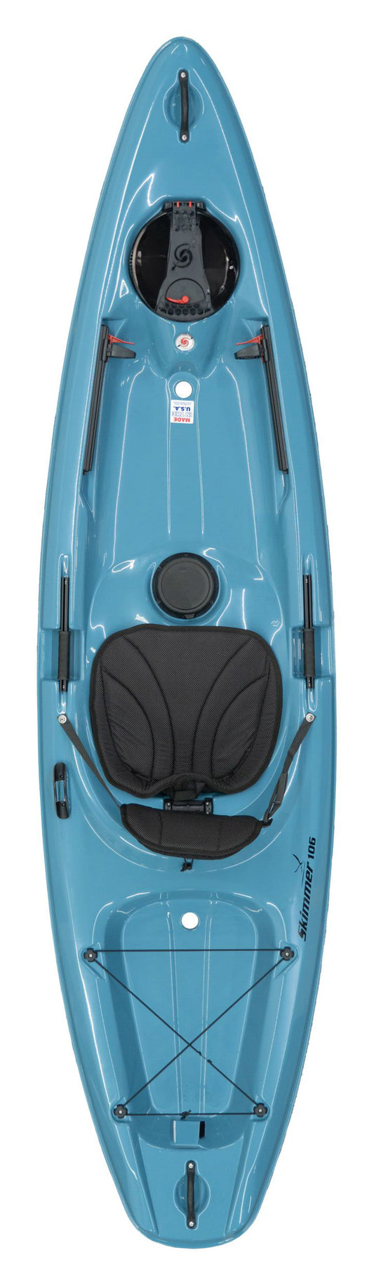 Top view of the Hurricane Kayaks Skimmer 106, a high-performance blue sit-in kayak with a padded black seat, footrests, gear storage area, and mounted holder on a white backdrop.