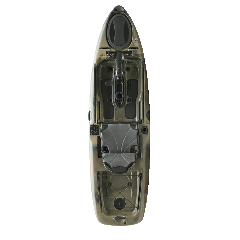 The front view of a Native Watercraft Slayer Propel 10, a pedal drive fishing kayak, on a black background.