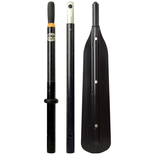 A pair of Sawyer Spare Tire 2pc Break-Down Oar Shafts with a black handle and a fiberglass blade.