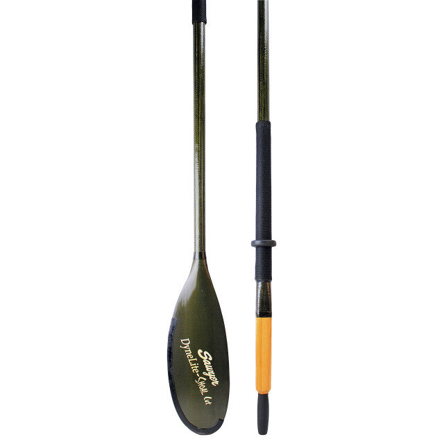 A SquareTop DyneLite Oar with a black handle and a yellow handle by Sawyer.