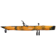 A yellow and black pedal drive kayak, the Hobie Mirage Outback 12'9, with a paddle attached for hands-free maneuverability.