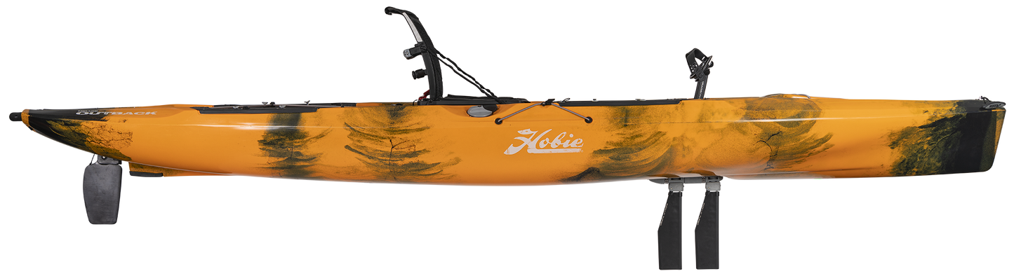 A yellow and black pedal drive kayak, the Hobie Mirage Outback 12'9, with a paddle attached for hands-free maneuverability.
