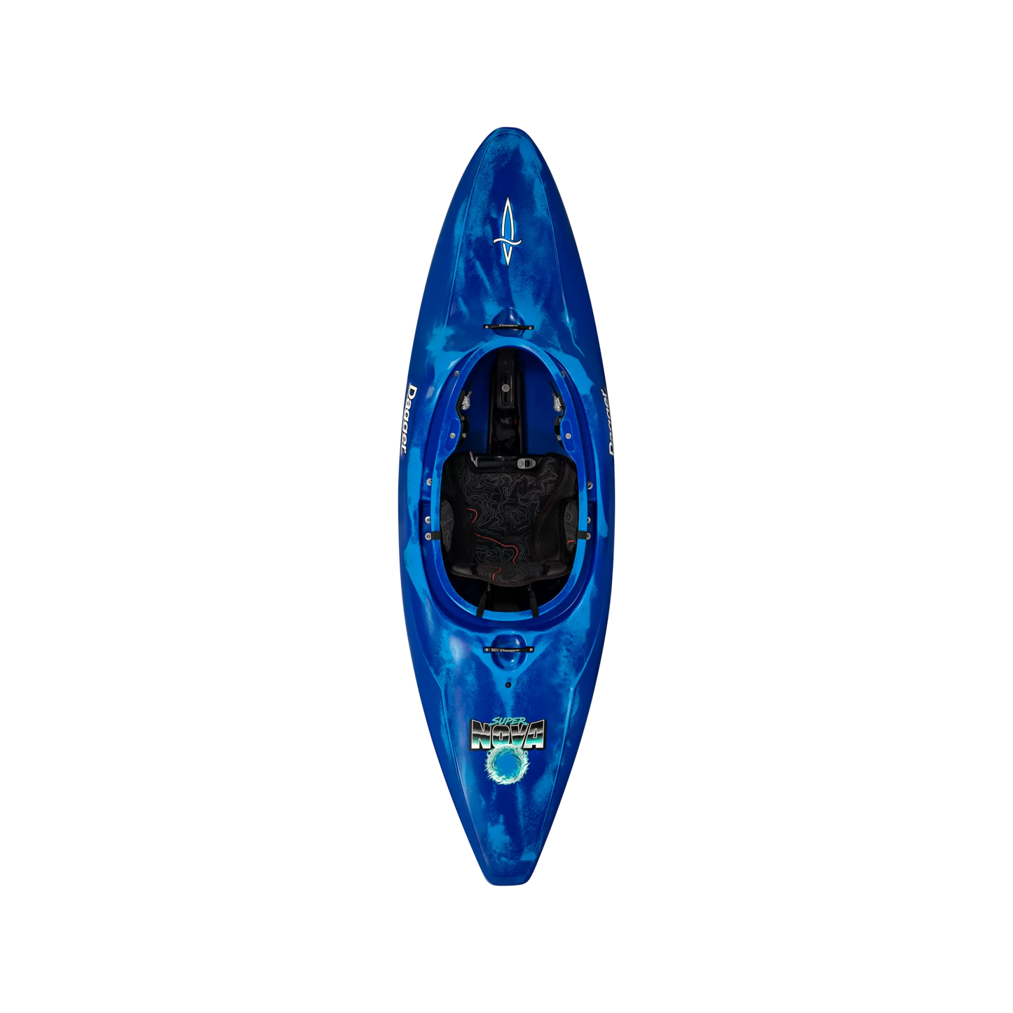Blue modern design Super Nova kayak with black seat and footrest viewed from above on a dark background.