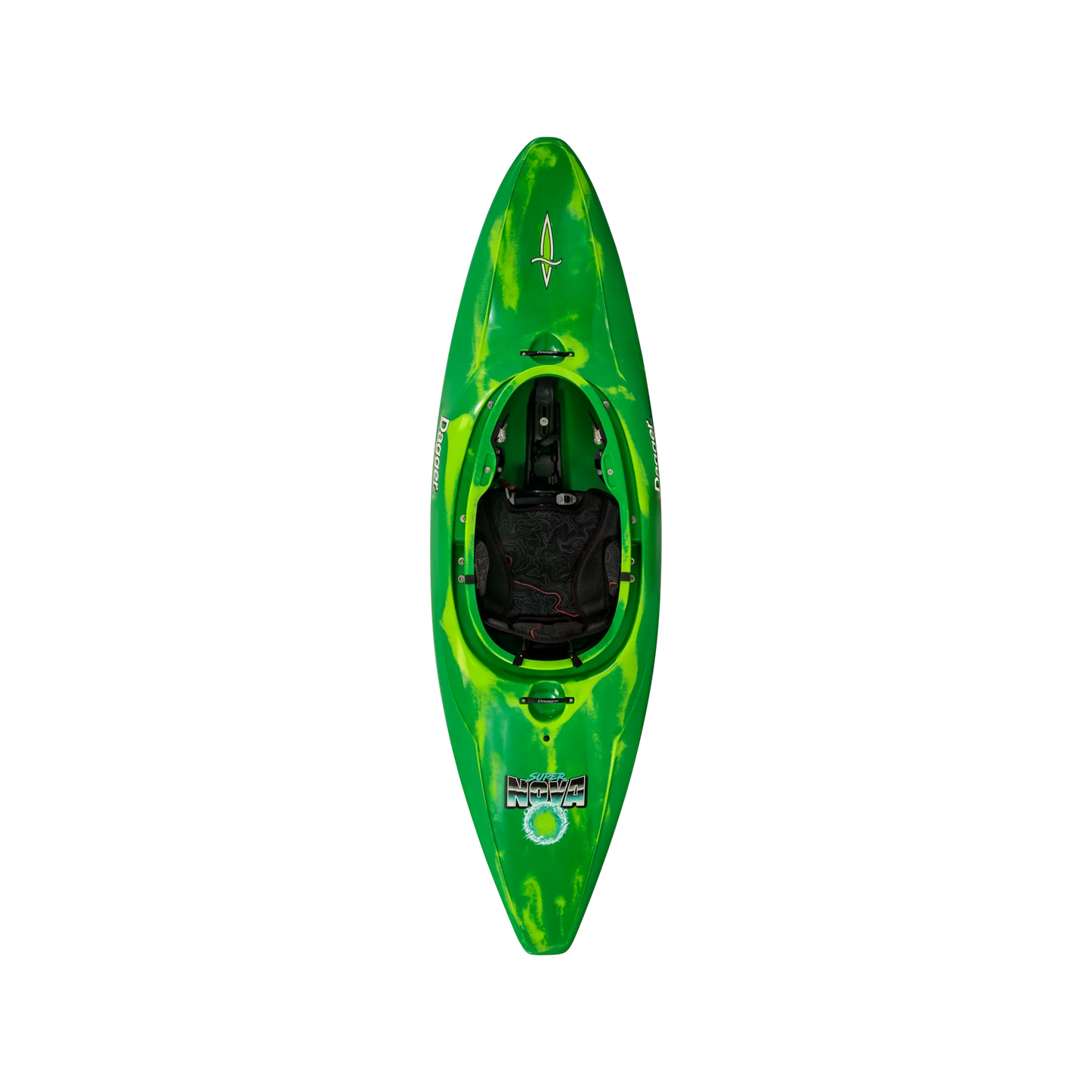 Green Dagger Nova / Super Nova kayak with black seating and contour ergo outfitting, viewed from above on a black background.
