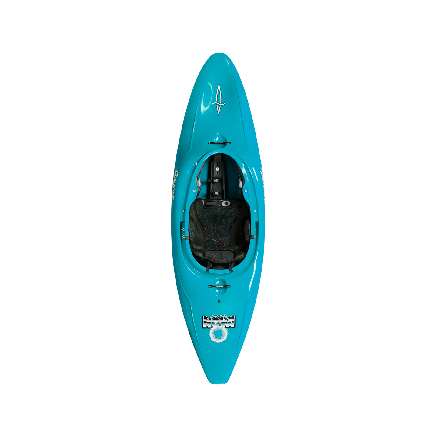 A Dagger Nova / Super Nova whitewater kayak with paddle rests on a black background with white horizontal lines.