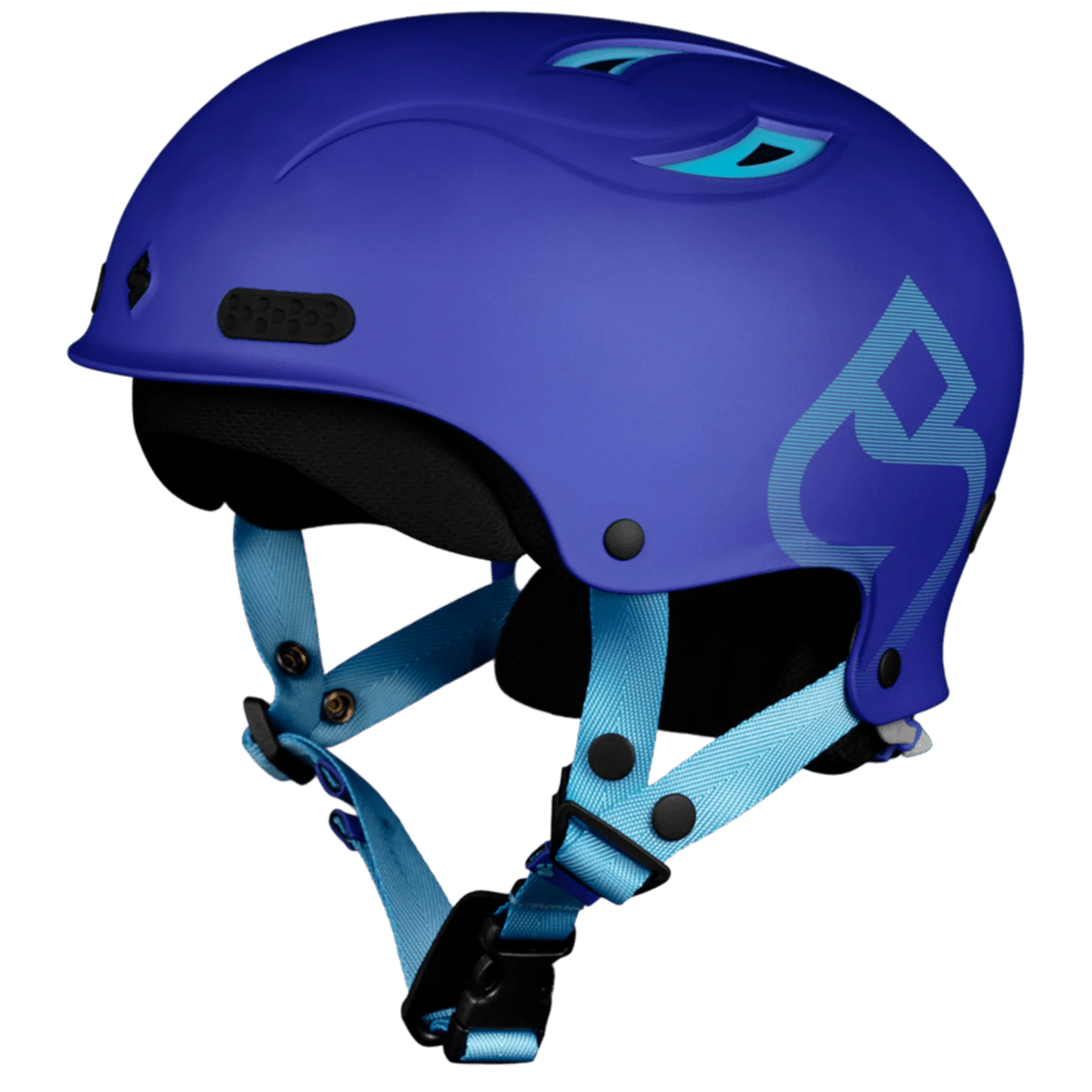 The Sweet Protection Wanderer II Helmet in blue features light blue adjustable straps, abstract side patterns, and a durable ABS shell, displayed against a plain background.