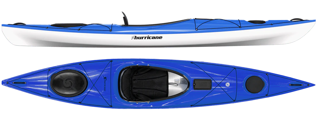 A high-performance Hurricane Tampico 130 kayak in blue and white on a white background.