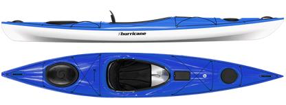 Top and side views of Hurricane Kayaks' Tampico 130, a blue and white performance rec kayak with black trim. Its lightweight design features a cockpit, seat, and storage hatches.