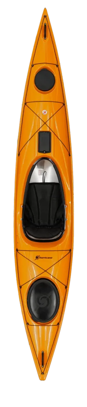 Top view of Hurricane Kayaks' Tampico 130, an orange kayak featuring a lightweight design with a black seat, storage compartments, and deck rigging for optimal performance.