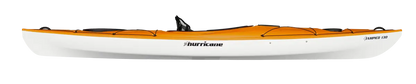 A side view of the orange and white Hurricane Kayaks' Tampico 130 reveals its lightweight design typical of a performance rec kayak.