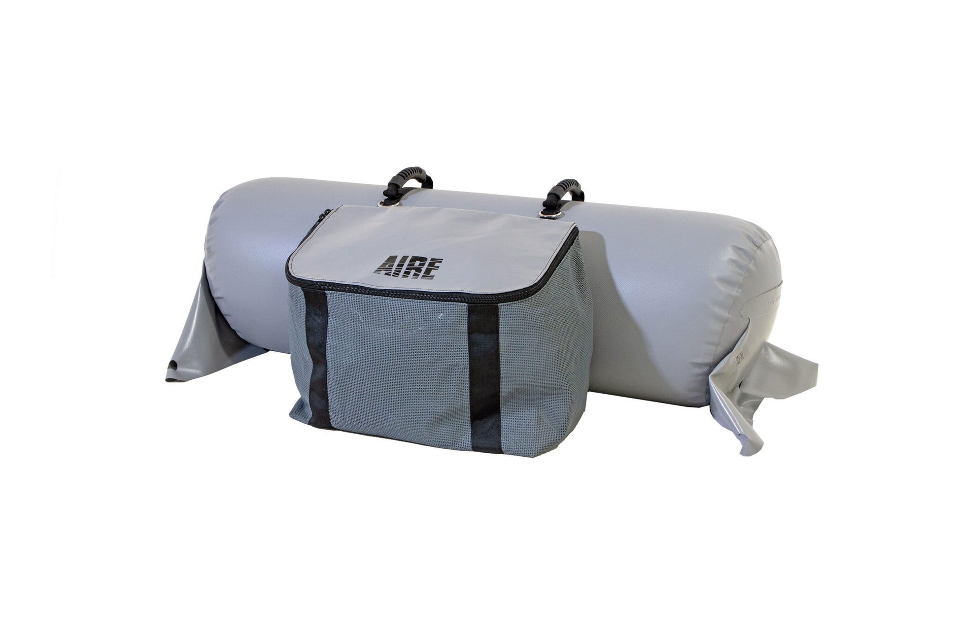 The AIRE Thwart Mesh Gear Bag is a grey inflatable raft thwart with a water-resistant bag, rectangular flap, and two top straps for secure storage on your raft.