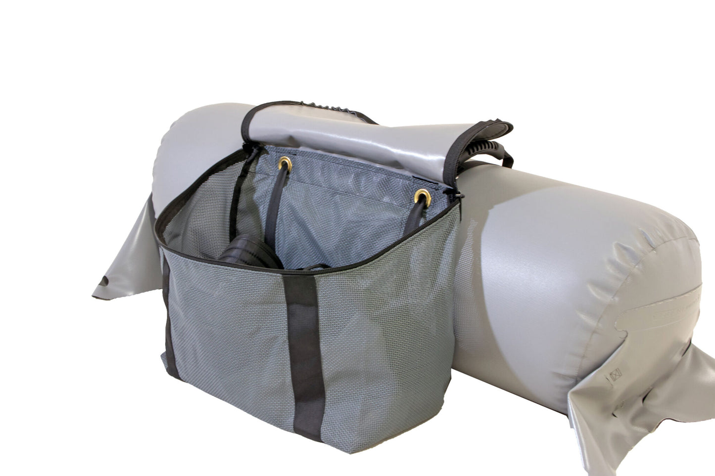 AIRE Thwart Mesh Gear Bag, a gray water-resistant boat bag, is attached to a gray inflatable object with black straps and shown against a white background.
