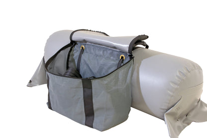 AIRE Thwart Mesh Gear Bag, a gray water-resistant boat bag, is attached to a gray inflatable object with black straps and shown against a white background.