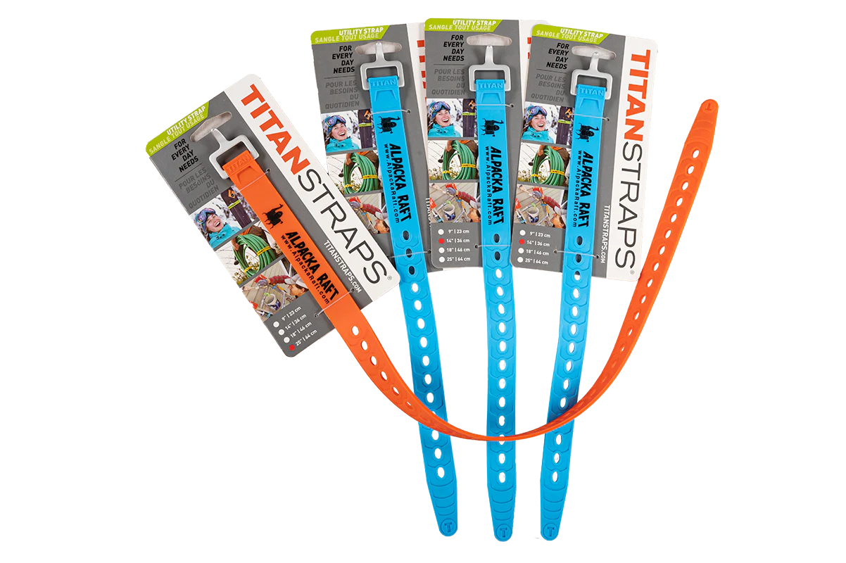 A pack of five blue and orange Alpacka Titan Straps Bike Kit in a package.