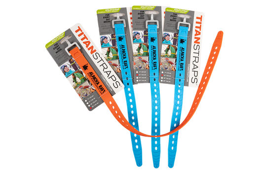 A pack of five blue and orange Alpacka Titan Straps Bike Kit in a package.
