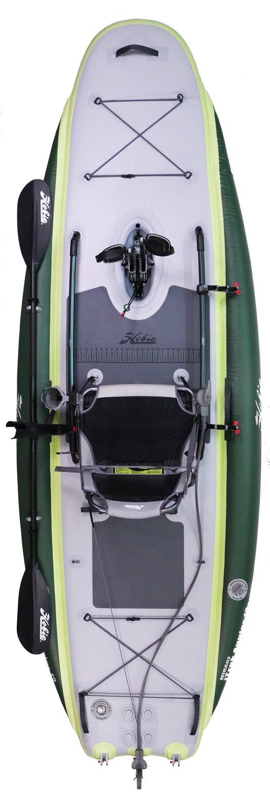 Top view of the Hobie Mirage iTrek Angler 12 inflatable fishing kayak, featuring a seat, MirageDrive 180 pedal system, attached paddle, storage areas, and accessory mounts—ideal for anglers wanting a portable, feature-rich kayak.