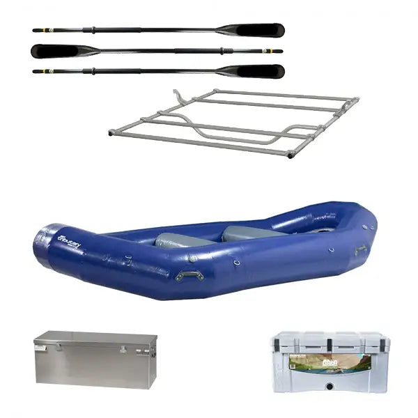 Image of a blue inflatable AIRE Tributary 14 Expedition Package, featuring three oars, an NRS Compact Outfitter Frame, a storage box, and a cooler. The components appear to be part of an expedition package rafting equipment set.
