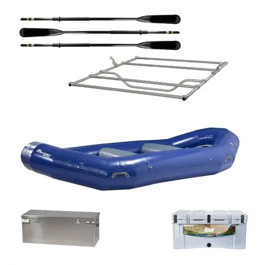 Image of a blue inflatable AIRE Tributary 14 Expedition Package, featuring three oars, an NRS Compact Outfitter Frame, a storage box, and a cooler. The components appear to be part of an expedition package rafting equipment set.
