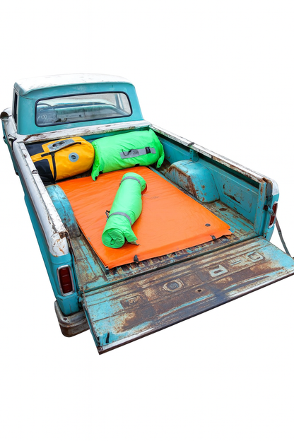 A blue pickup with a rusty bed carries a Jacks Plastic Welding Pickup Paco Pad in orange, along with a rolled green sleeping bag and a yellow dry bag.