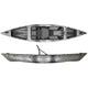 Top and side views of the Native Watercraft Ultimate FX 12 Solo, a gray Tunnel Hull fishing kayak featuring a seat, footrests, and mounting features.