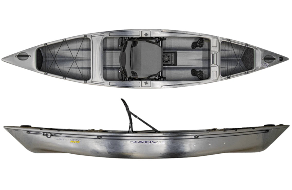 Top and side views of the Native Watercraft Ultimate FX 12 Solo, a gray Tunnel Hull fishing kayak featuring a seat, footrests, and mounting features.