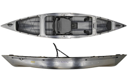 Top and side views of the Native Watercraft Ultimate FX 12 Solo, a gray Tunnel Hull fishing kayak featuring a seat, footrests, and mounting features.